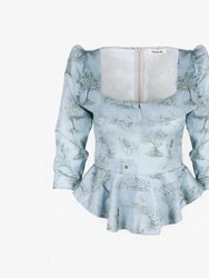 Mari Top in Cottage Blue & Pewter Green Cotton Toile