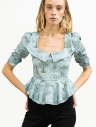 Mari Top in Cottage Blue & Pewter Green Cotton Toile