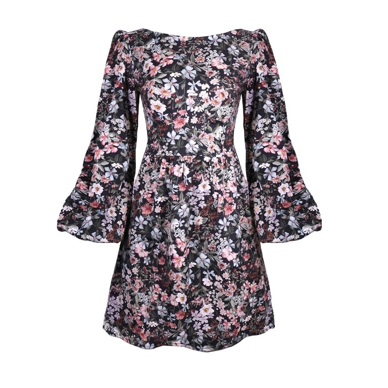 Sadie Bateau Neck Mini Dress With Corset Seam Details / Black Floral Cotton