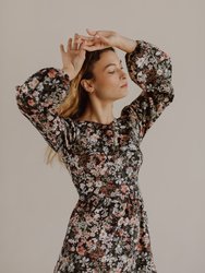 Sadie Bateau Neck Mini Dress With Corset Seam Details / Black Floral Cotton