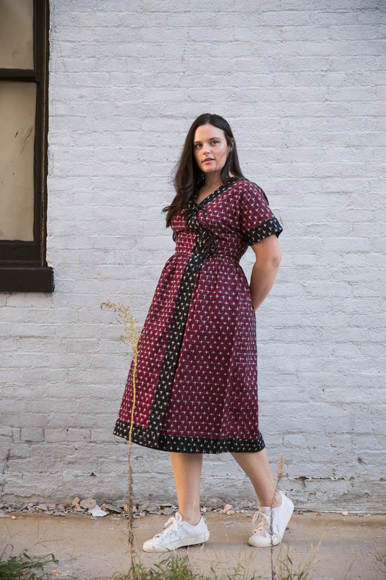 Sara Kimono Dress / Scarlet Red & Black Contrast Cotton - Scarlet Red And Black