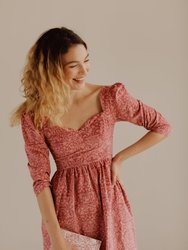 Violet Dress with Sweetheart Neck in Baroque Rose Cotton Cord - Pink