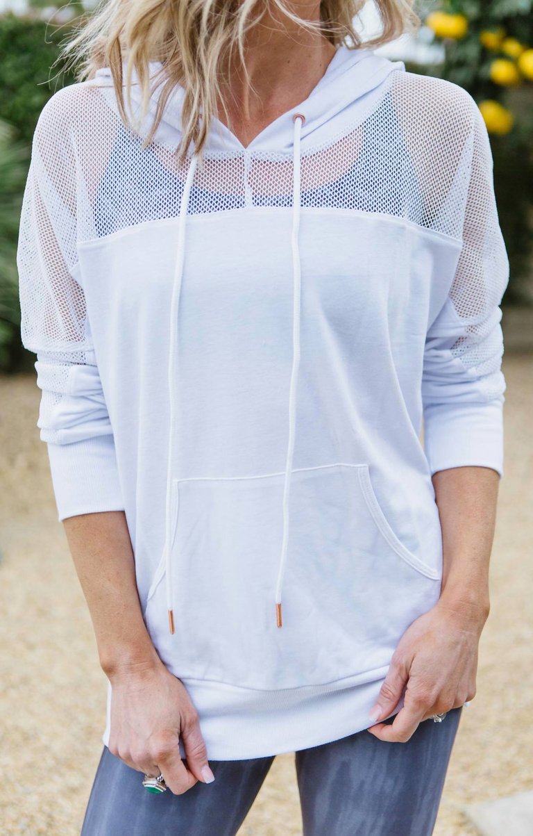 Mesh Long Sleeve Hoodie In White - White