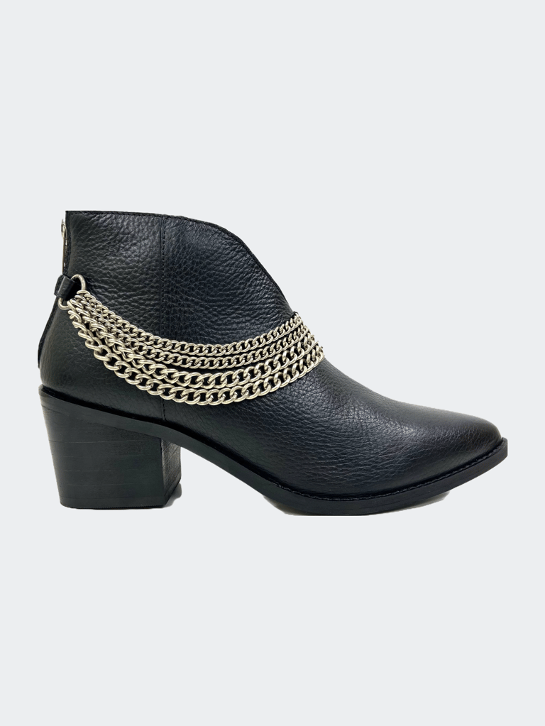 Chained Block Heel Western Boot - Black