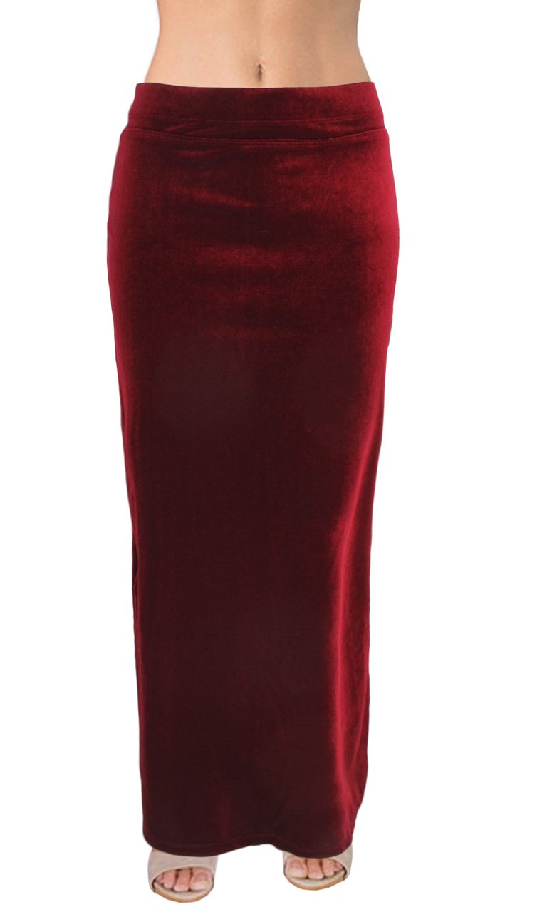 USA Made Ooh la la Special Occasion Stretch Velvet Long Maxi Skirt with Flared Back - Wine