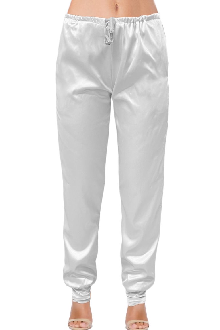 USA Made Ooh La La Stretch Satin Fully Lined Cuffed Joggers With Crystal Embellished Drawstring - White