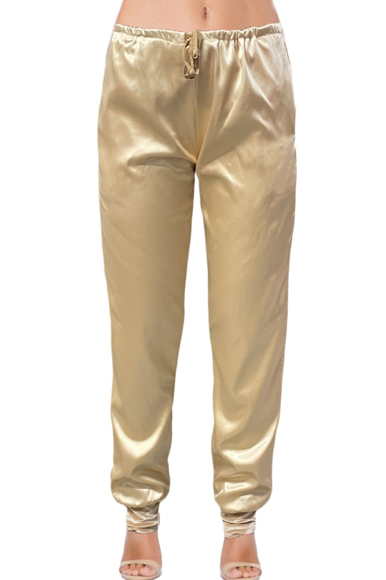 USA Made Ooh La La Stretch Satin Fully Lined Cuffed Joggers With Crystal Embellished Drawstring - Champagne
