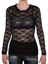 Usa Made Ooh La La Womens Plus Size Long Sleeve Stretch Lace T Shirt Blouse Top - Black Lace