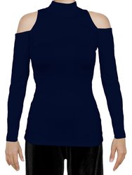 Women's Long Sleeve Open Shoulder Mock Turtleneck Fitted Top - Navy