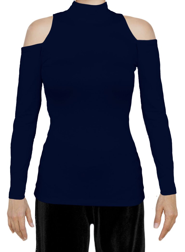 Women's Long Sleeve Open Shoulder Mock Turtleneck Fitted Top - Navy