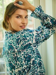 Beth Green And Navy Dianthus Block Print Blouse