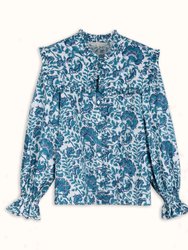 Beth Green And Navy Dianthus Block Print Blouse