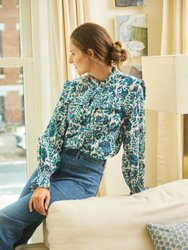 Beth Green And Navy Dianthus Block Print Blouse