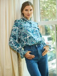 Beth Green And Navy Dianthus Block Print Blouse - Green And Navy