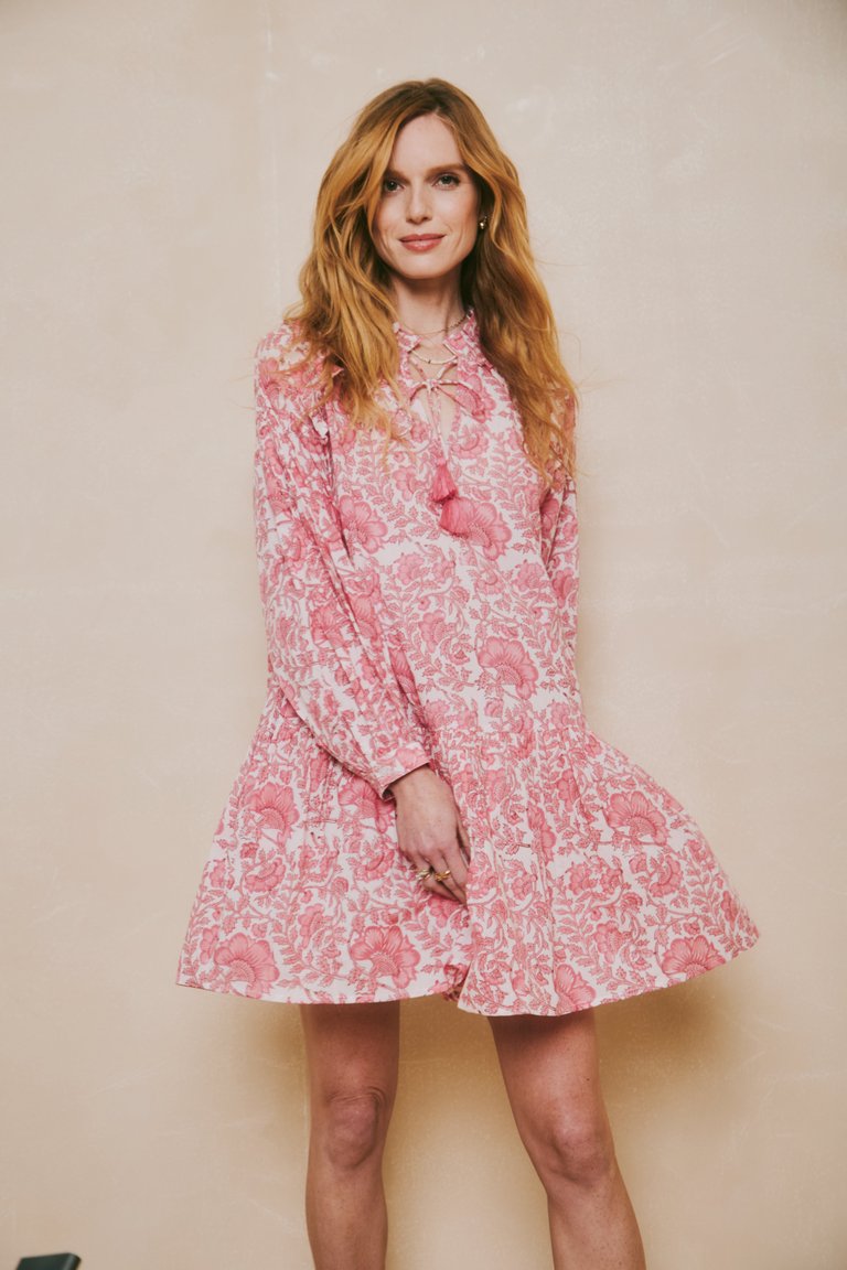 Chloe Dress Pink Dianthus Block Print - Pink