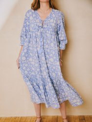 Evie Dress Blue Dahlia Block Print