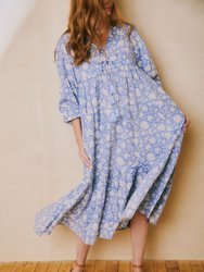 Evie Dress Blue Dahlia Block Print