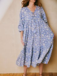 Evie Dress Blue Dahlia Block Print