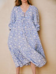 Evie Dress Blue Dahlia Block Print - Blue