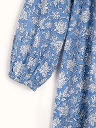 Evie Dress Blue Dahlia Block Print