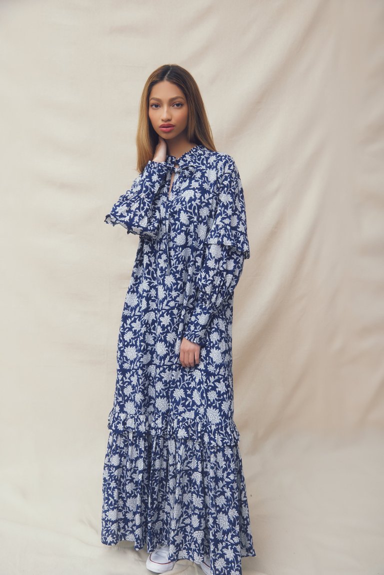 Sophia Dress Navy Dahlia Block Print - Navy