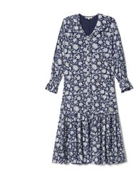 Tilly Dress Navy Dahlia Block Print