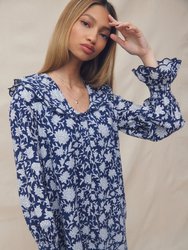 Tilly Dress Navy Dahlia Block Print