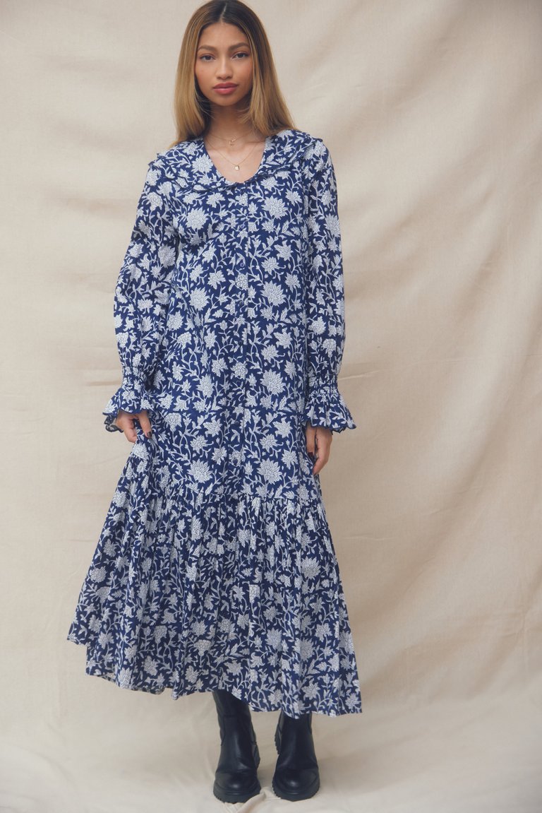 Tilly Dress Navy Dahlia Block Print