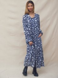 Tilly Dress Navy Dahlia Block Print - Navy