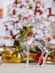 Acrylic Christmas Reindeer Ornaments - Deer Figurine Statues with Green Mistletoe and Red Berries Tabletop Decorations - Pack of 2