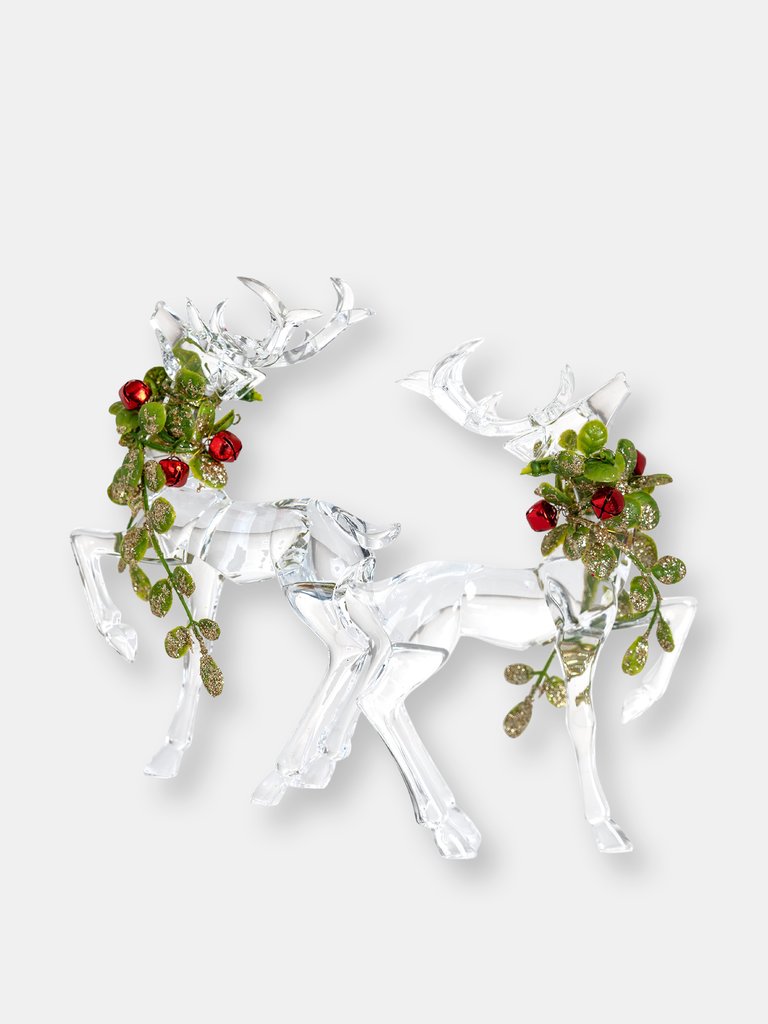 Acrylic Christmas Reindeer Ornaments - Deer Figurine Statues with Green Mistletoe and Red Berries Tabletop Decorations - Pack of 2