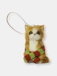 Christmas Mini Cat Ornament - Furry Orange Kitten with Scarf Holiday Tree Hanging Decoration