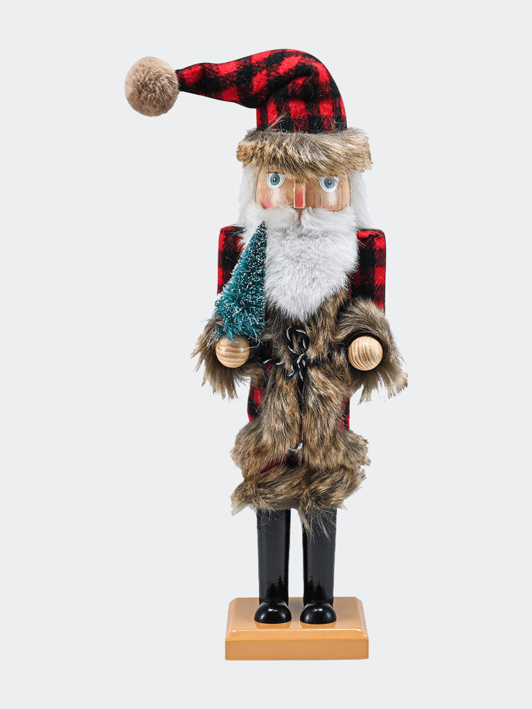 Christmas Nostalgic Santa Nutcracker – Red and Black Wooden Nutcracker Man with Buffalo Plaid Coat with Brown Fur Holding a Xmas Tree - Default Title