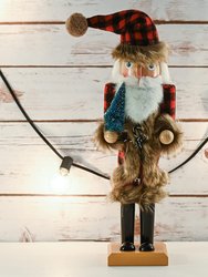 Christmas Nostalgic Santa Nutcracker – Red and Black Wooden Nutcracker Man with Buffalo Plaid Coat with Brown Fur Holding a Xmas Tree