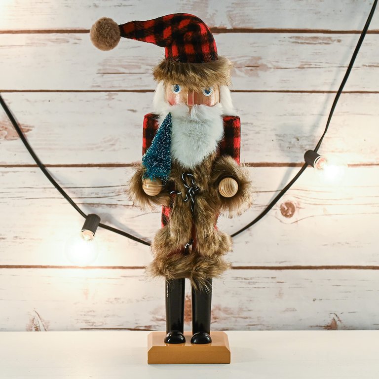 Christmas Nostalgic Santa Nutcracker – Red and Black Wooden Nutcracker Man with Buffalo Plaid Coat with Brown Fur Holding a Xmas Tree