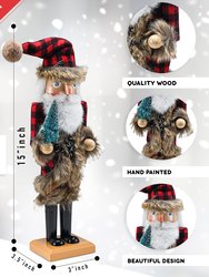 Christmas Nostalgic Santa Nutcracker – Red and Black Wooden Nutcracker Man with Buffalo Plaid Coat with Brown Fur Holding a Xmas Tree