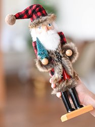 Christmas Nostalgic Santa Nutcracker – Red and Black Wooden Nutcracker Man with Buffalo Plaid Coat with Brown Fur Holding a Xmas Tree