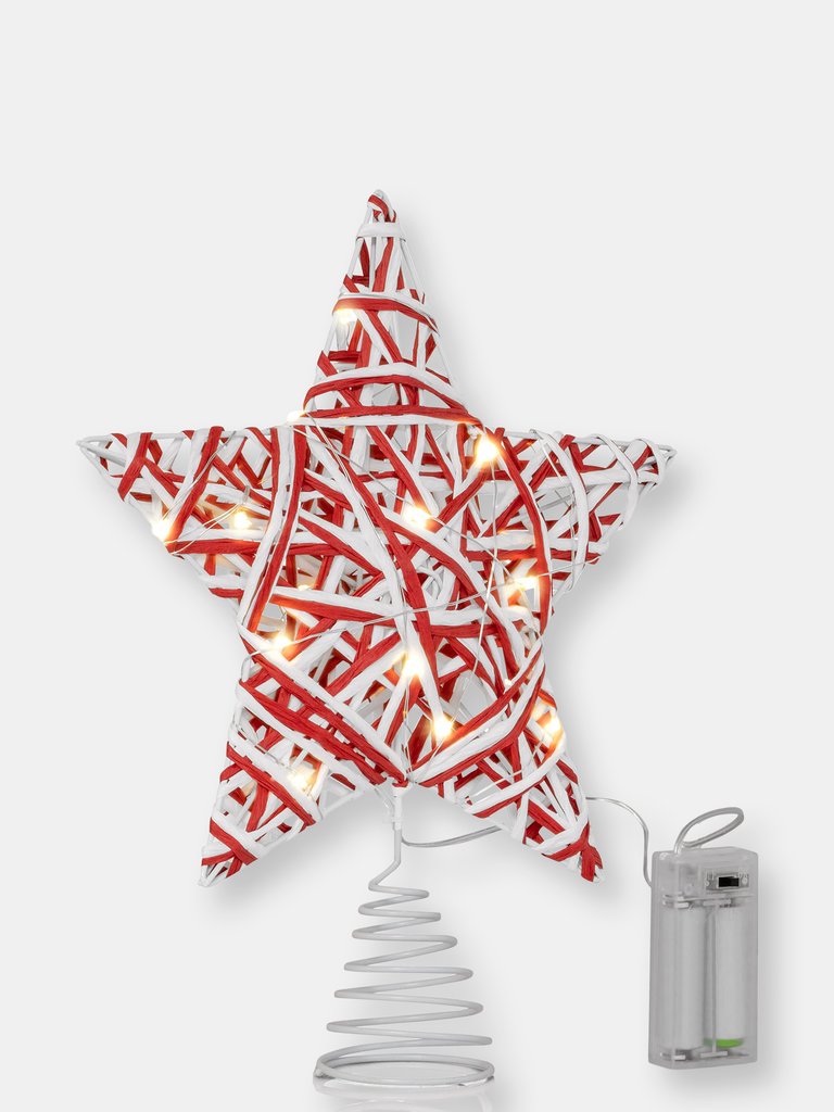 Christmas Rattan Tree Topper – Red and White Xmas Rustic Star LED Light Up Tree Topper Ornament Decoration