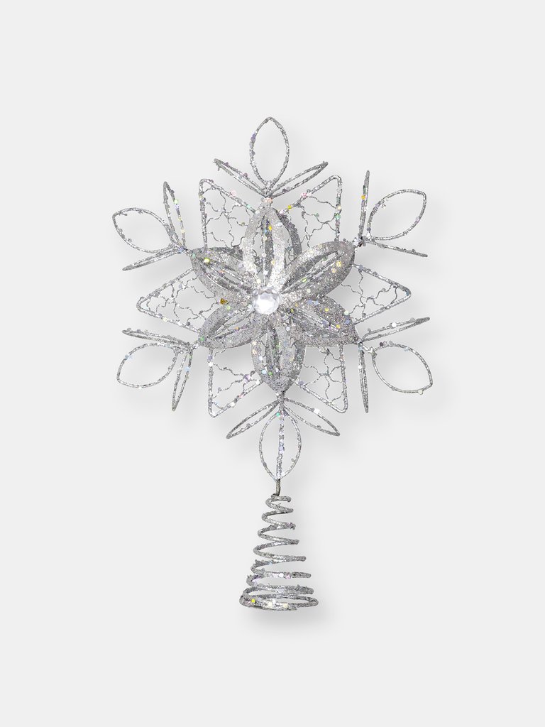 Flower Snowflake Tree Topper - Christmas Glitter Silver Flower Snow Flake Star Ornament Treetop Decoration