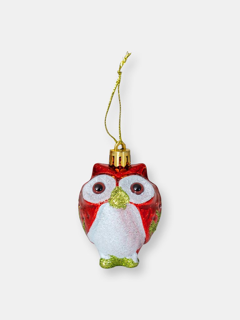 Glitter Christmas Owl Ornaments - Snowy Glitter White and Red Animal Owls Christmas Tree Ornament Decorations - 4 Birds