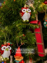 Glitter Christmas Owl Ornaments - Snowy Glitter White and Red Animal Owls Christmas Tree Ornament Decorations - 4 Birds