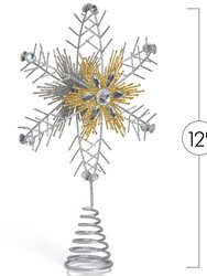 Glitter Snowflake Tree Topper – Silver and Gold Bare Branches Styled Sparkling Gem Detailed Christmas Star Tree Top Ornament Decorations