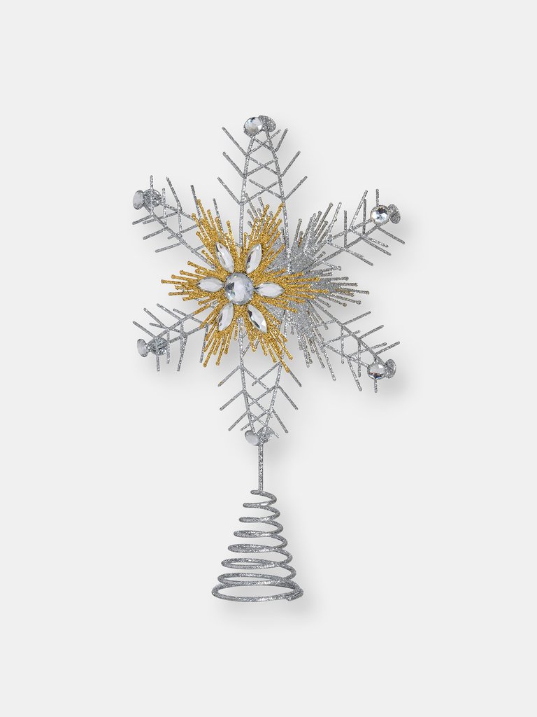 Glitter Snowflake Tree Topper – Silver and Gold Bare Branches Styled Sparkling Gem Detailed Christmas Star Tree Top Ornament Decorations