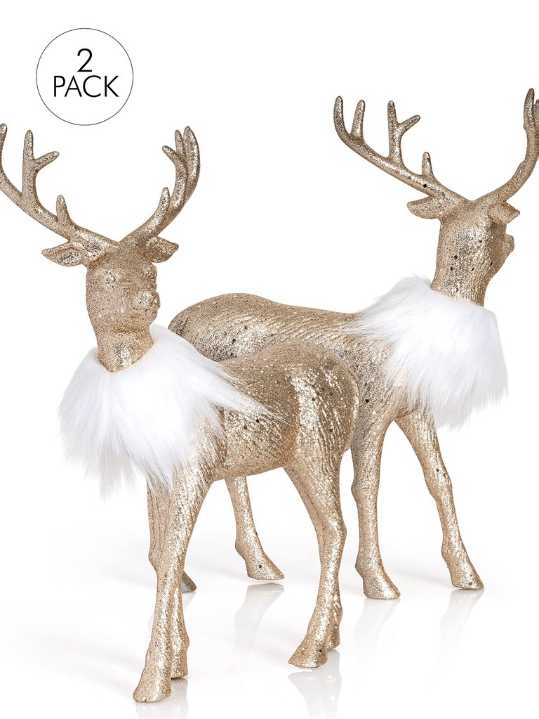 Gold Glitter Christmas Reindeer - Holiday Party Deer Figurine Statues Dinner Tabletop Decorations Centerpiece - Pack of 2