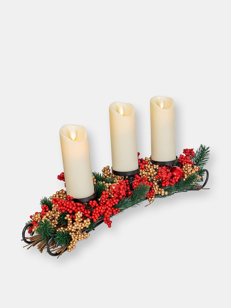 Ornativity Christmas Décor Candle Holder – Xmas Themed Candle Holder Centerpiece Decorations with Red and Gold Berries and Evergreens