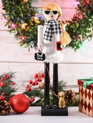 Ornativity Christmas Dog Mom Nutcracker – White and Black Wooden Nutcracker Woman with Dog on Leash and a Smartphone in Hand