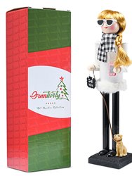 Ornativity Christmas Dog Mom Nutcracker – White and Black Wooden Nutcracker Woman with Dog on Leash and a Smartphone in Hand