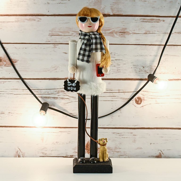 Ornativity Christmas Dog Mom Nutcracker – White and Black Wooden Nutcracker Woman with Dog on Leash and a Smartphone in Hand