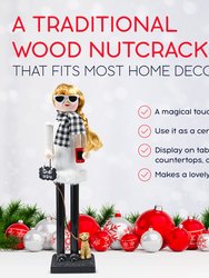 Ornativity Christmas Dog Mom Nutcracker – White and Black Wooden Nutcracker Woman with Dog on Leash and a Smartphone in Hand