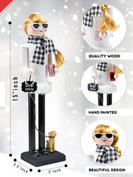 Ornativity Christmas Dog Mom Nutcracker – White and Black Wooden Nutcracker Woman with Dog on Leash and a Smartphone in Hand